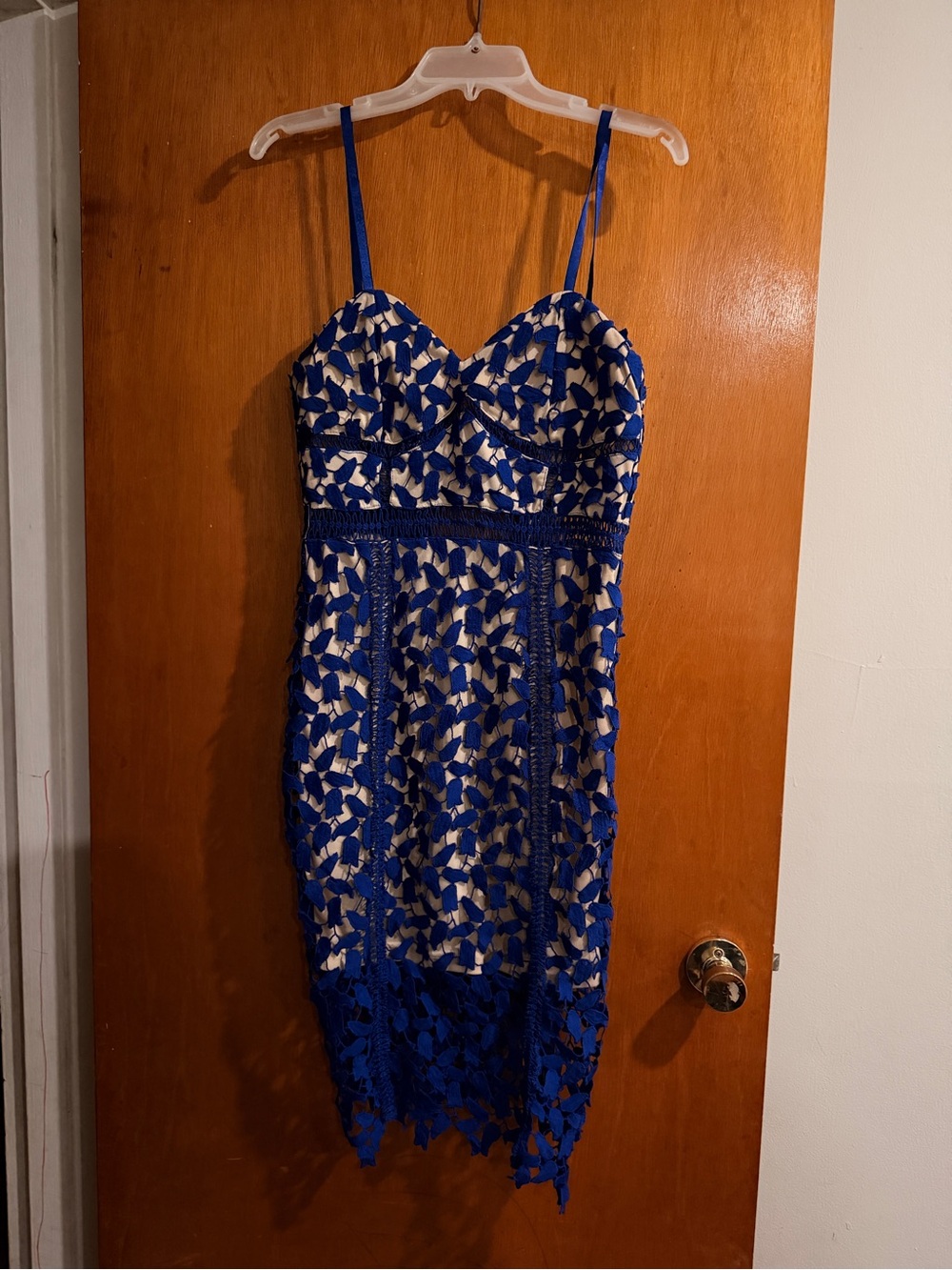 Blue Lace Overlay Spaghetti Strap Dress